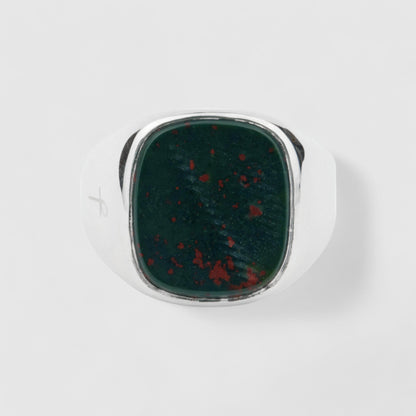 SILVER GREEN BLOODSTONE SQUARE SIGNET RING