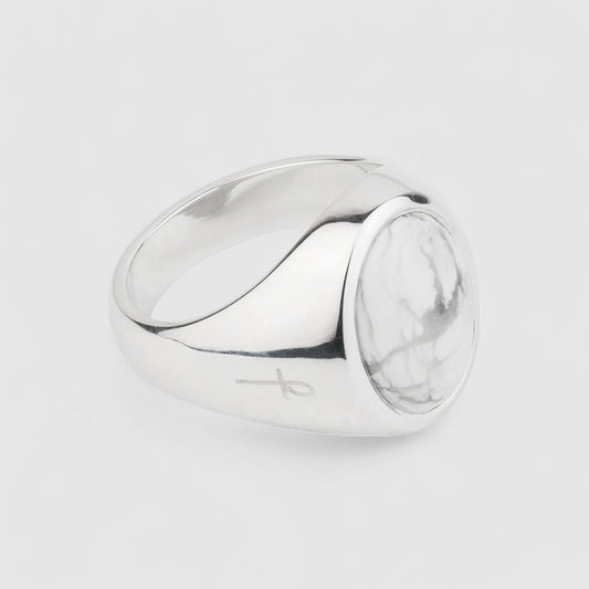 SILVER WHITE HOWLITE OVAL SIGNET  RING