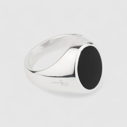 SILVER BLACK ONYX OVAL SIGNET RING