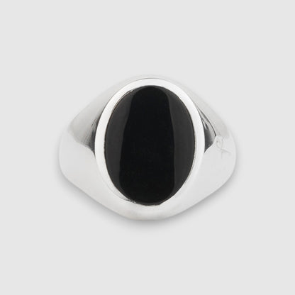 SILVER BLACK ONYX OVAL SIGNET RING