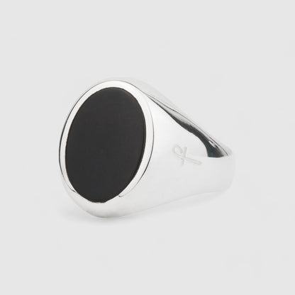 SILVER BLACK ONYX OVAL SIGNET RING