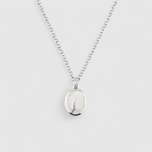 SILVER JAMESTOWN WHITE HOWLITE OVAL STONE NECKLACE & PENDANT