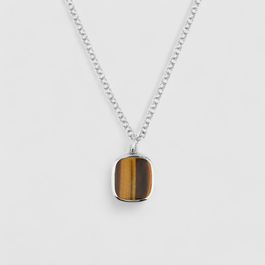 SILVER JAMESTOWN TIGER EYE SQUARE STONE NECKLACE & PENDANT