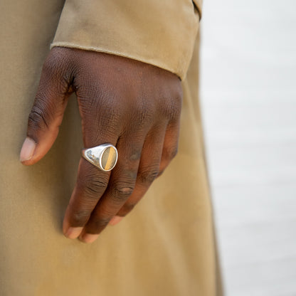 SILVER TIGER EYE OVAL SIGNET RING